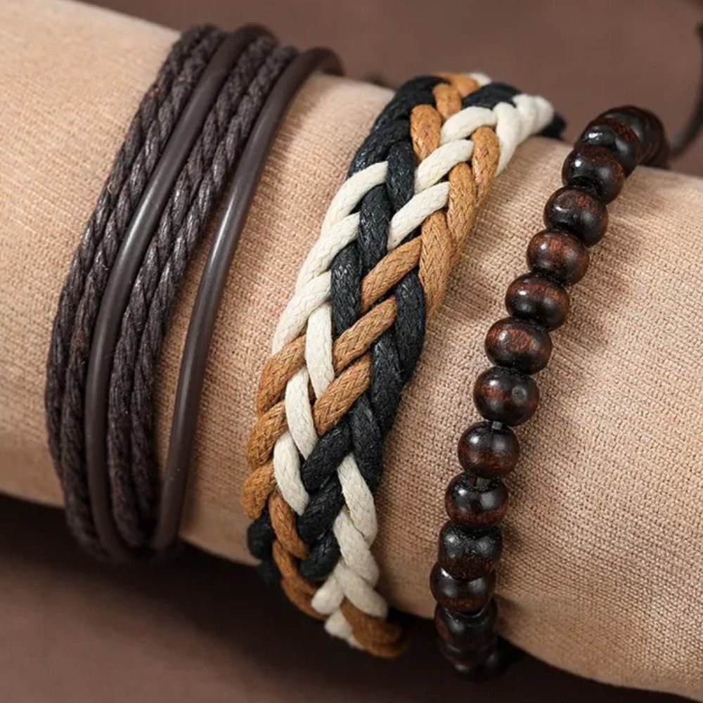 Men's Brown Braided PU Leather & Wooden Beaded Bracelet Set NEW